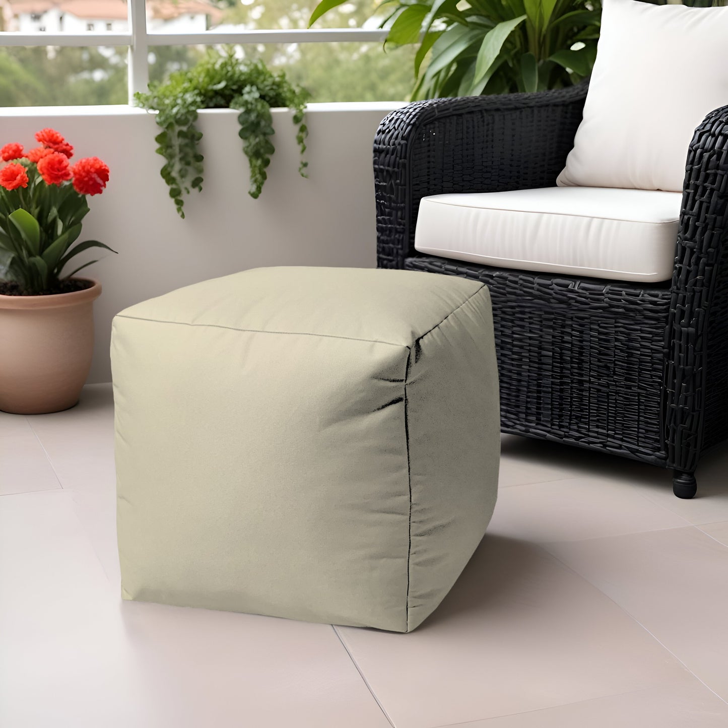 17" Ivory Canvas Cube Outdoor Pouf Cover