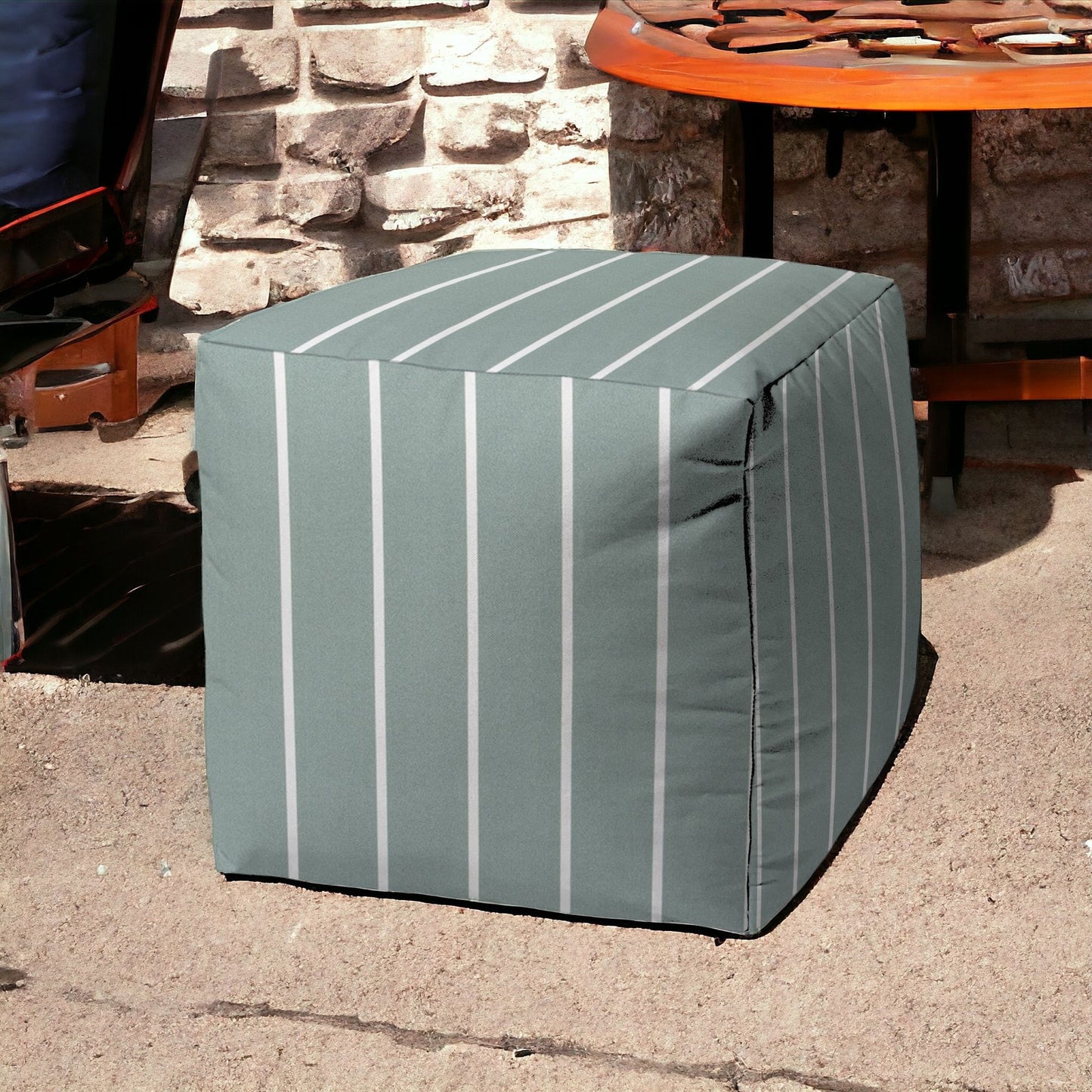 17" Green Cube Striped Indoor Outdoor Pouf Cover