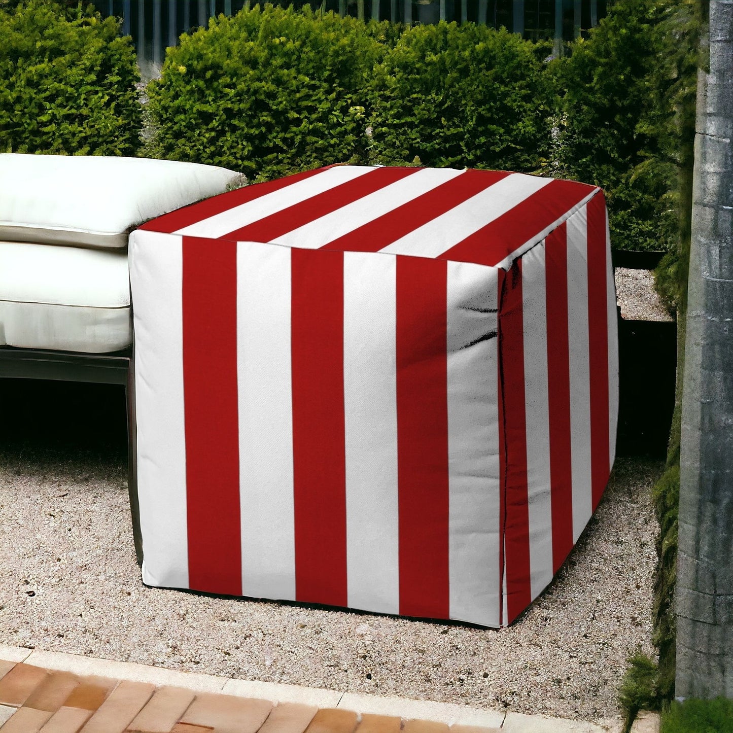 17" Red And White Cube Striped Indoor Outdoor Pouf Cover