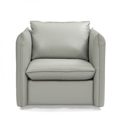 36" Grey Genuine Leather And Silver Swivel Accent Chair