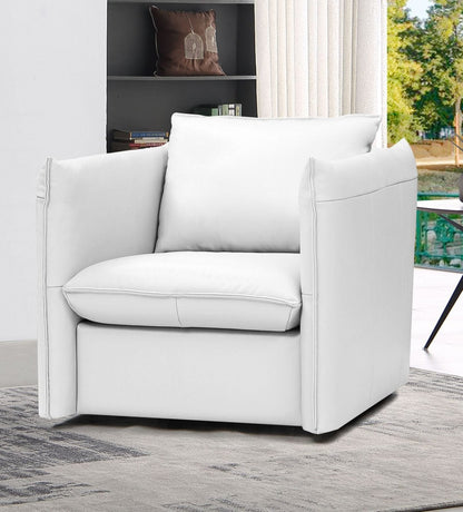 36" White Genuine Leather And Silver Swivel Accent Chair