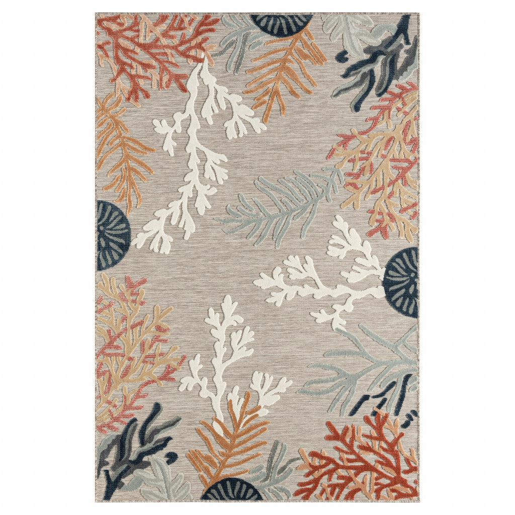 5' X 7' Grey Beige Orange Blue And White Coastal Coral Indoor Outdoor Area Rug