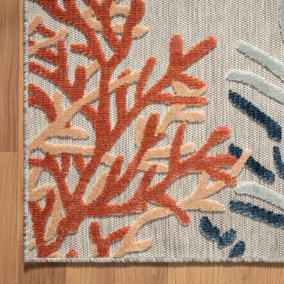 5' X 7' Grey Beige Orange Blue And White Coastal Coral Indoor Outdoor Area Rug