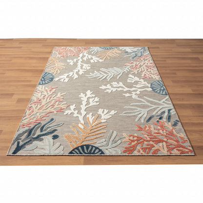 5' X 7' Grey Beige Orange Blue And White Coastal Coral Indoor Outdoor Area Rug