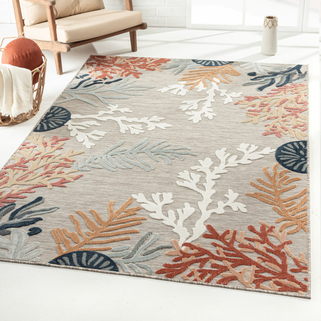 5' X 7' Grey Beige Orange Blue And White Coastal Coral Indoor Outdoor Area Rug