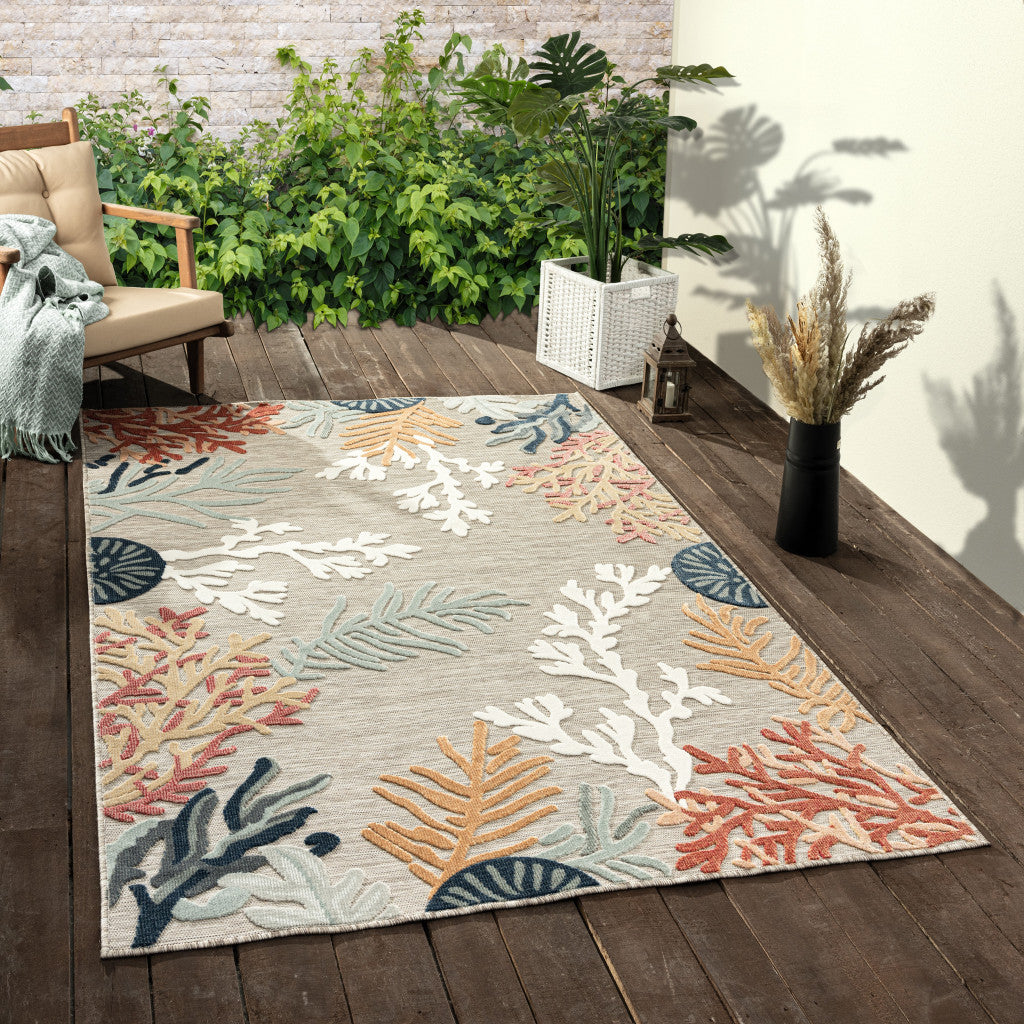 5' X 7' Grey Beige Orange Blue And White Coastal Coral Indoor Outdoor Area Rug