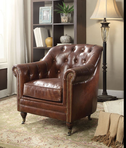 34" Top Grain Leather And Brown Tufted Chesterfield Chair