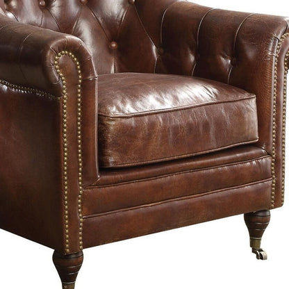 34" Top Grain Leather And Brown Tufted Chesterfield Chair