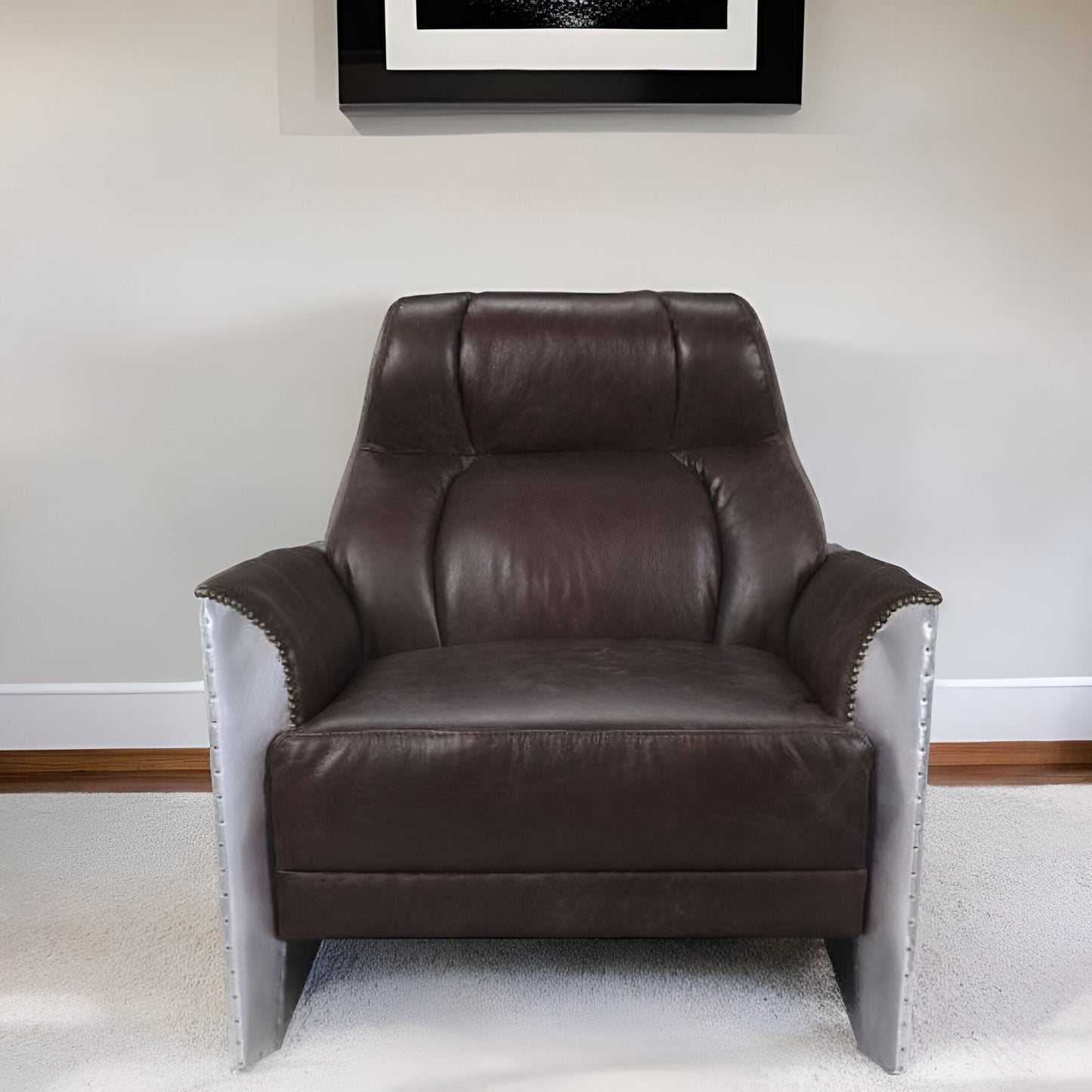 35" Espresso And Silver Top Grain Leather Tufted Club Chair