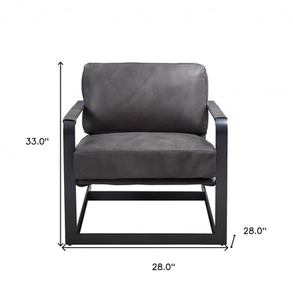 28" Gray Black Top Grain Leather And Steel Solid Color Arm Chair