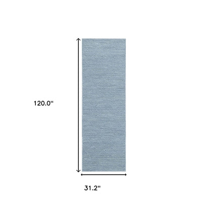 10'  Light Blue Wool Handmade Stain Resistant Runner Rug