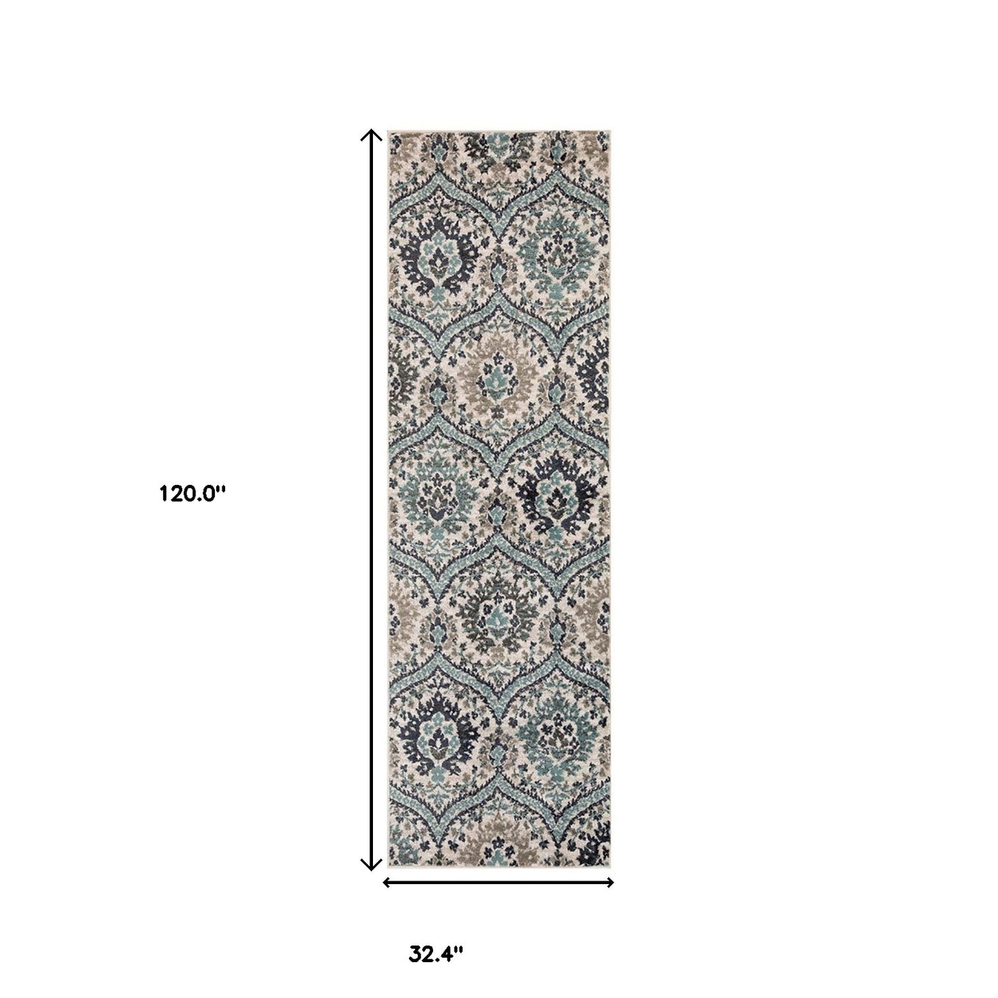 10' Runner Ivory Blue And Gray Floral Stain Resistant Runner Rug