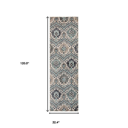 10' Runner Ivory Blue And Gray Floral Stain Resistant Runner Rug