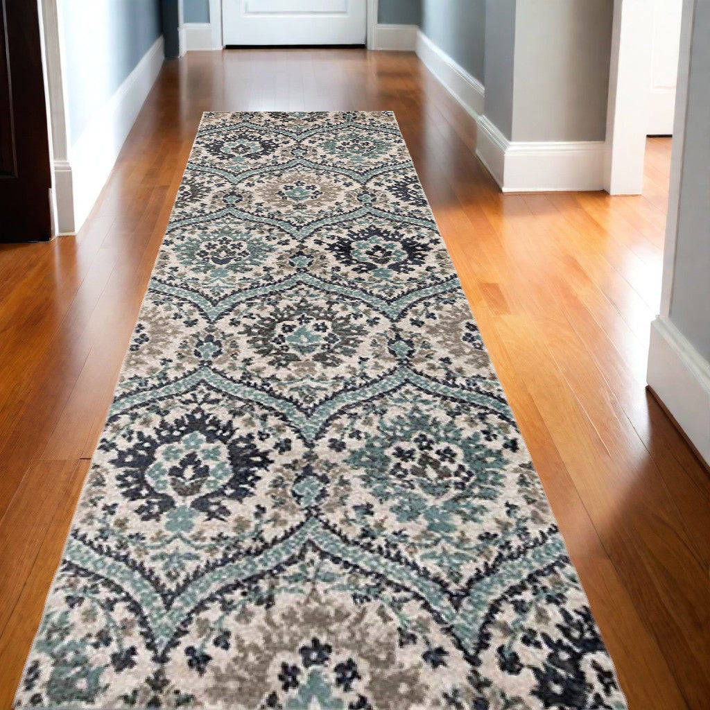 10' Runner Ivory Blue And Gray Floral Stain Resistant Runner Rug