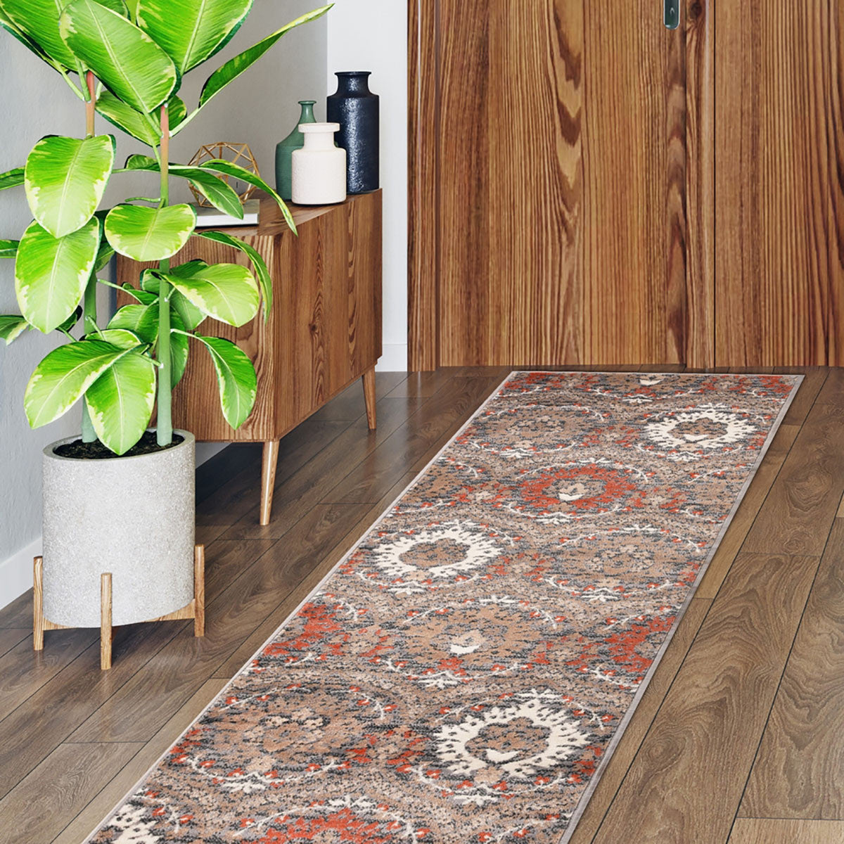 10' Rust And Gray Floral Stain Resistant Runner Rug