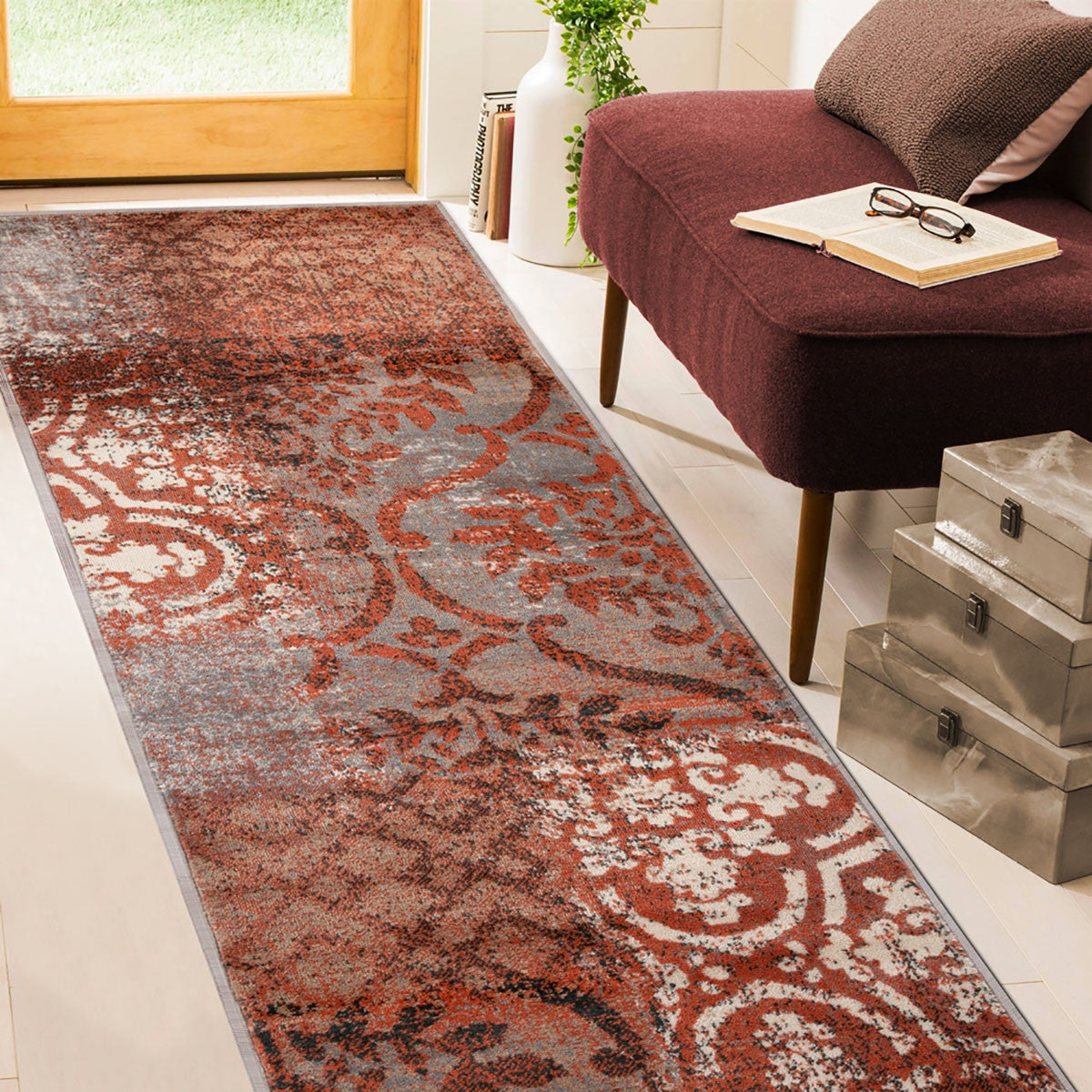 10' Rust And Gray Damask Distressed Stain Resistant Runner Rug