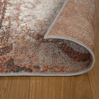 10' Rust And Gray Damask Distressed Stain Resistant Runner Rug