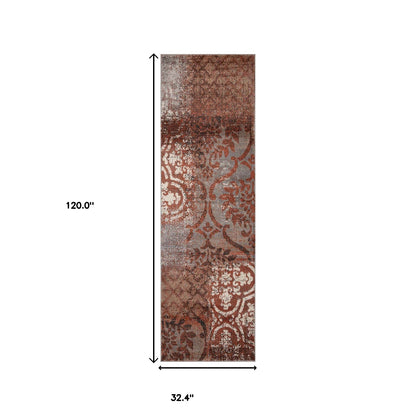 10' Rust And Gray Damask Distressed Stain Resistant Runner Rug