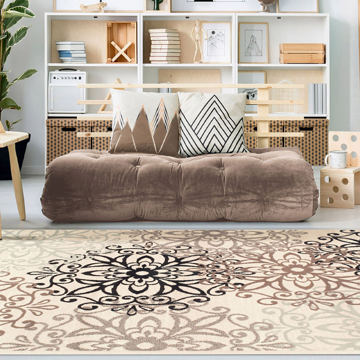 5' X 8' Tan Gray And Black Floral Medallion Stain Resistant Area Rug