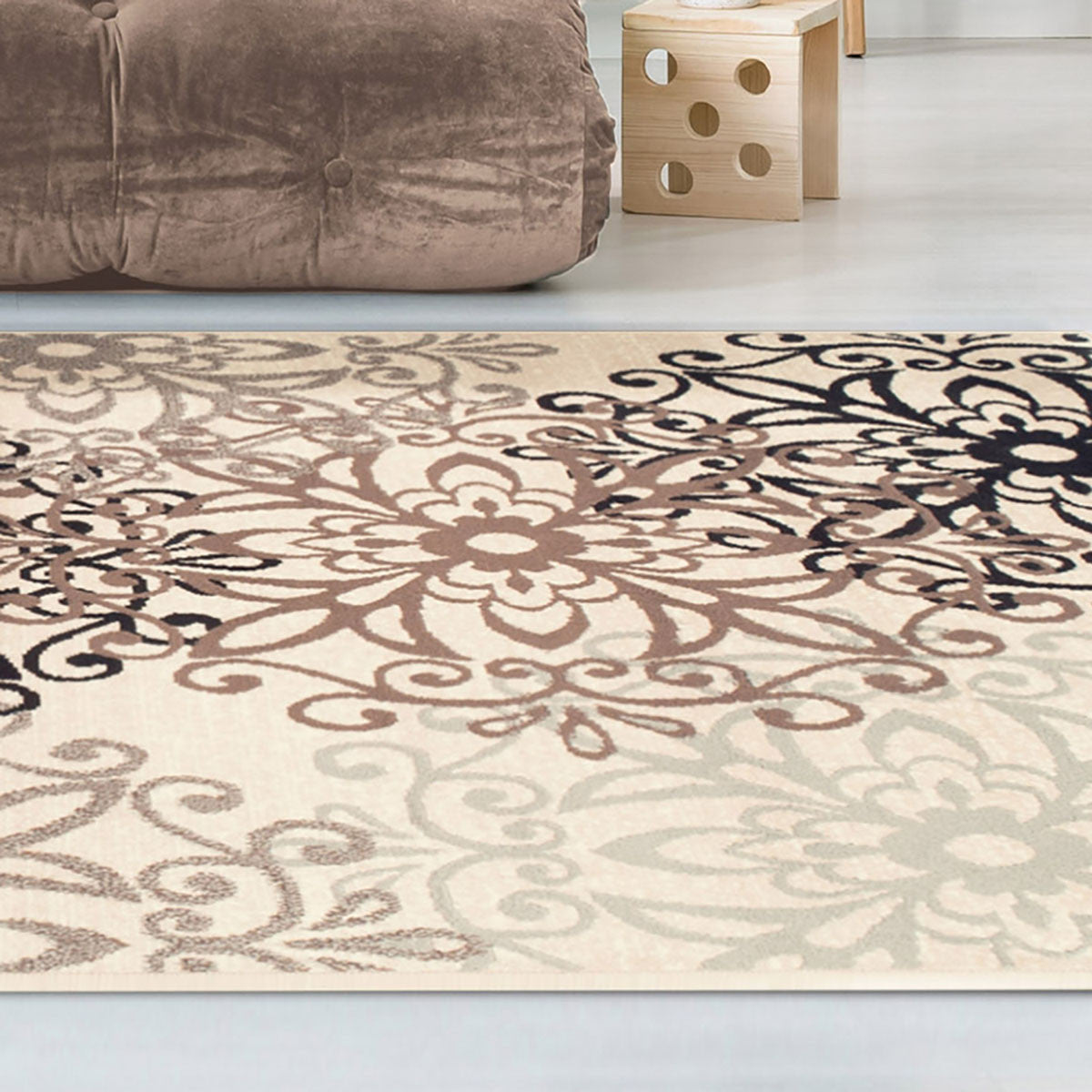 5' X 8' Tan Gray And Black Floral Medallion Stain Resistant Area Rug