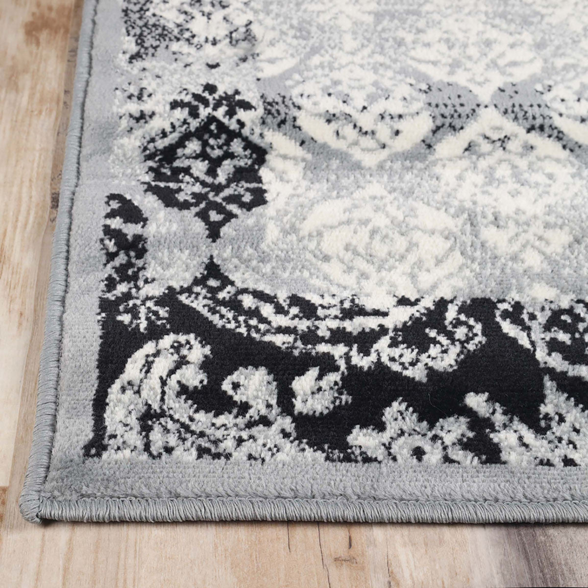 2' X 3' Black And Gray Damask Power Loom Distressed Stain Resistant Area Rug