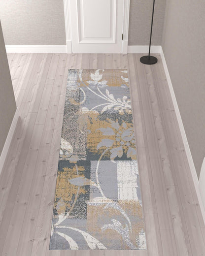 10' Beige And Gray Floral Power Loom Distressed Stain Resistant Runner Rug