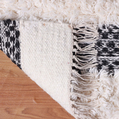 10' Black And Ivory Wool Striped Flatweave Handmade Stain Resistant Runner Rug With Fringe