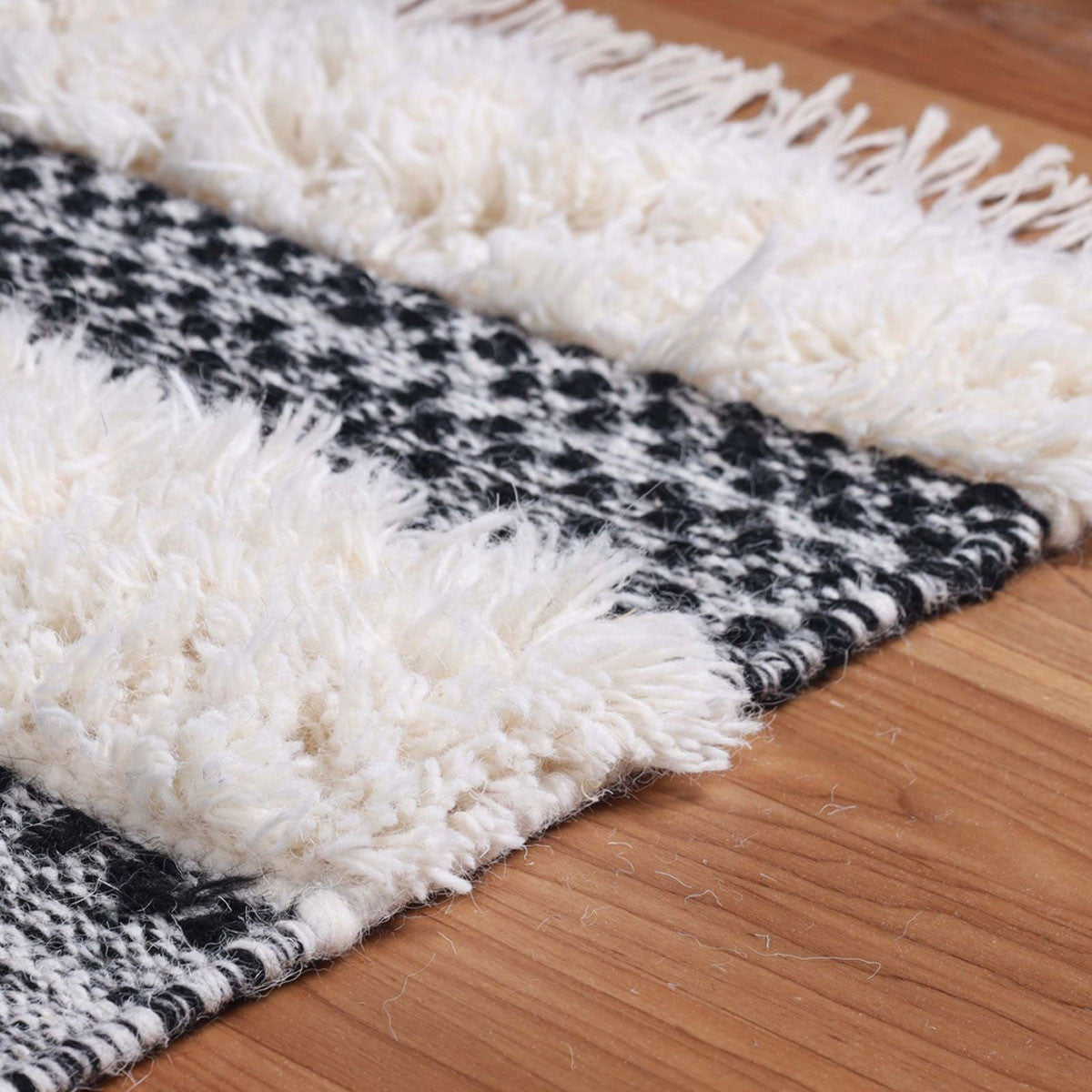 10' Black And Ivory Wool Striped Flatweave Handmade Stain Resistant Runner Rug With Fringe