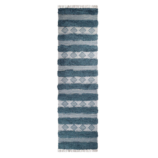 10' Blue And Ivory Wool Striped Flatweave Handmade Stain Resistant Runner Rug With Fringe