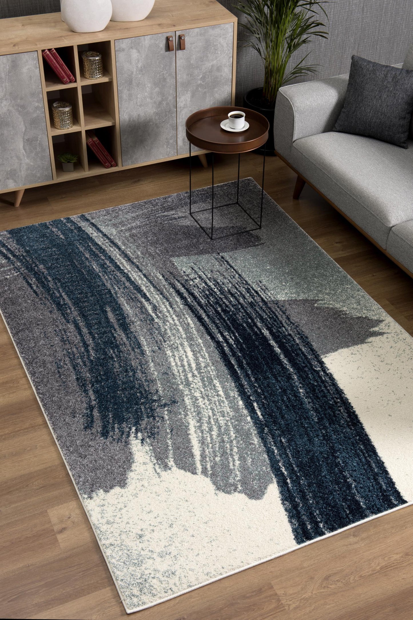 8' Blue and White Abstract Power Loom Runner Rug