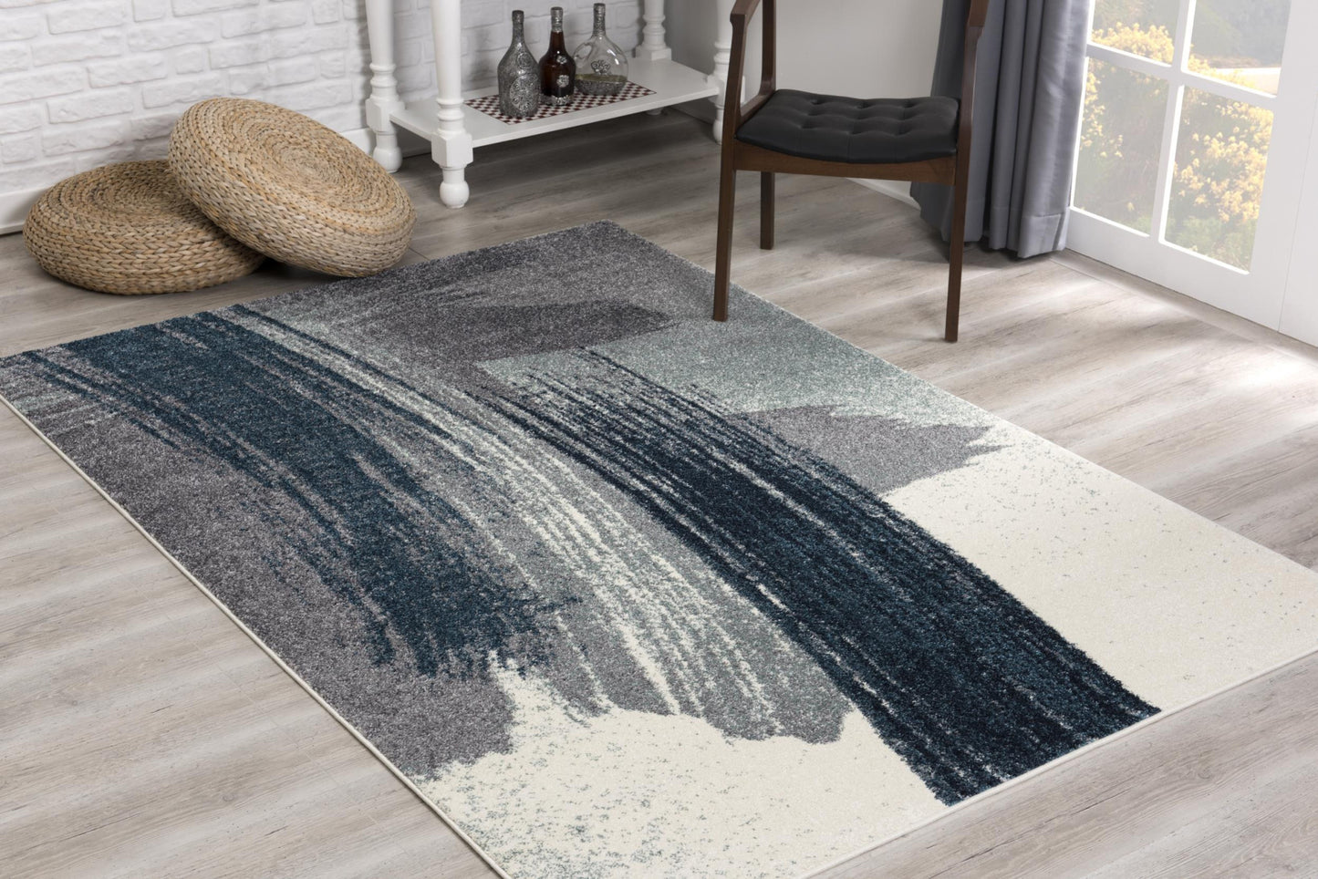 8' Blue and White Abstract Power Loom Runner Rug