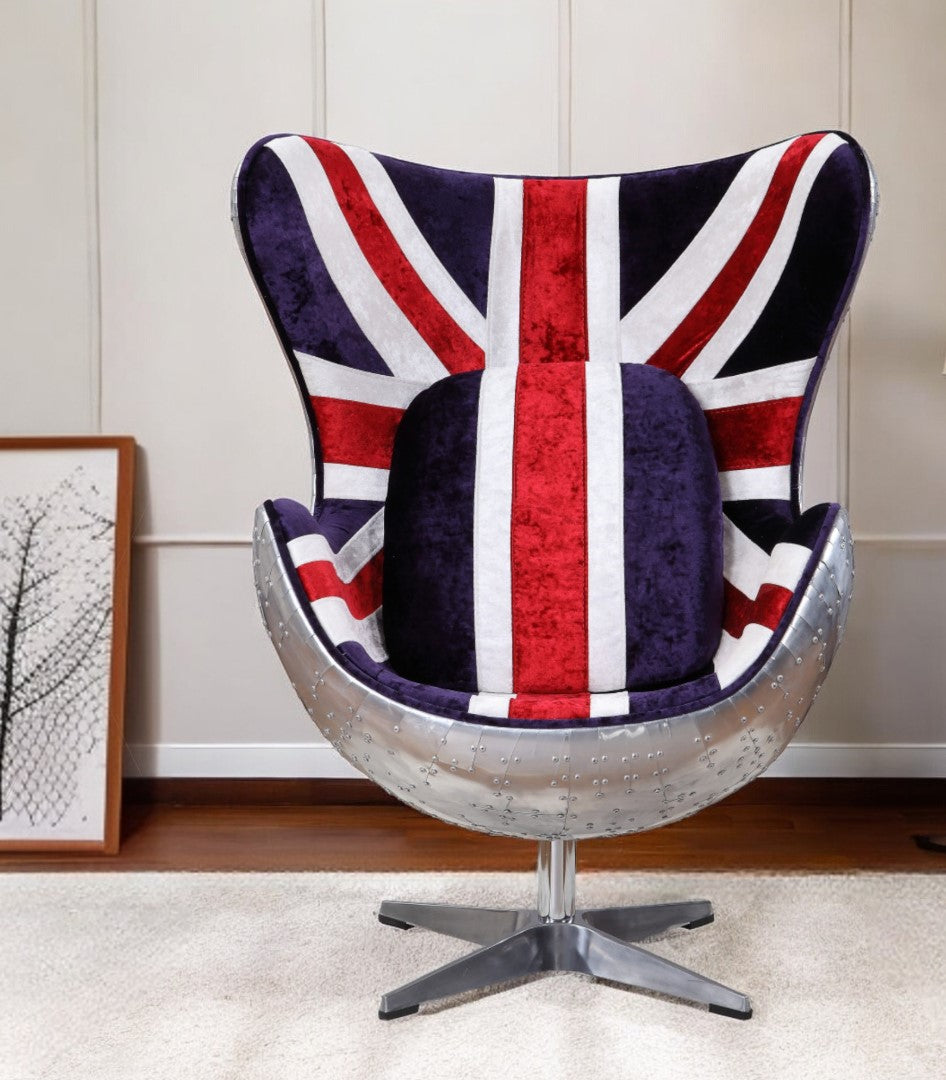 33" Red White and Blue And Silver Fabric Great Britain Flag Swivel Balloon Chair