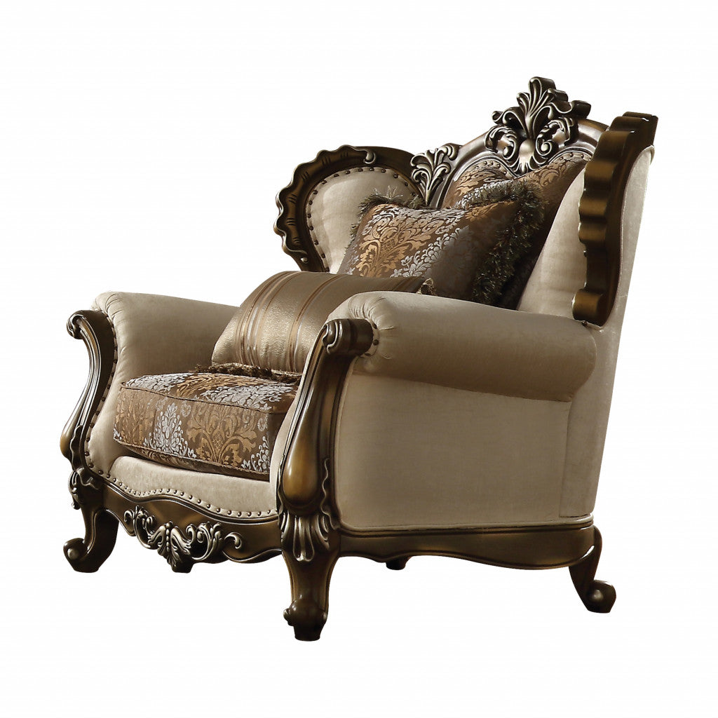 49" Tan And Brown Fabric Floral Tufted Wingback Chair