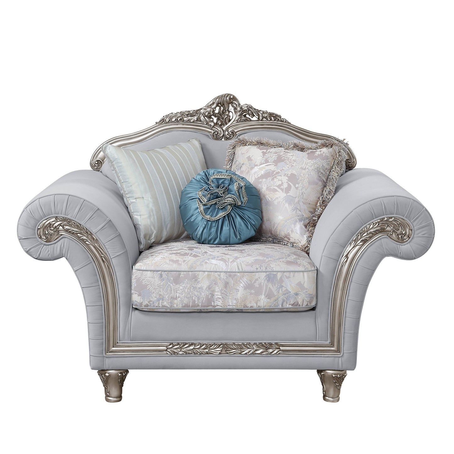 62" Light Gray Linen And Platinum Floral Club Chair