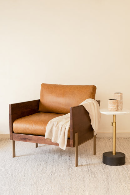 31" Carmel Brown Top Grain Leather And Gold Arm Chair