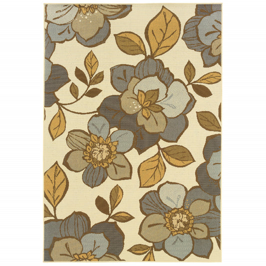 2' X 4' Gray and Ivory Floral Stain Resistant Indoor Outdoor Area Rug