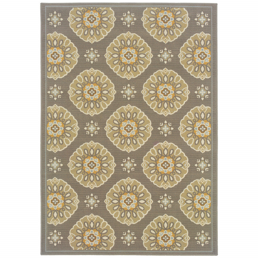 2' X 4' Gray Floral Stain Resistant Indoor Outdoor Area Rug