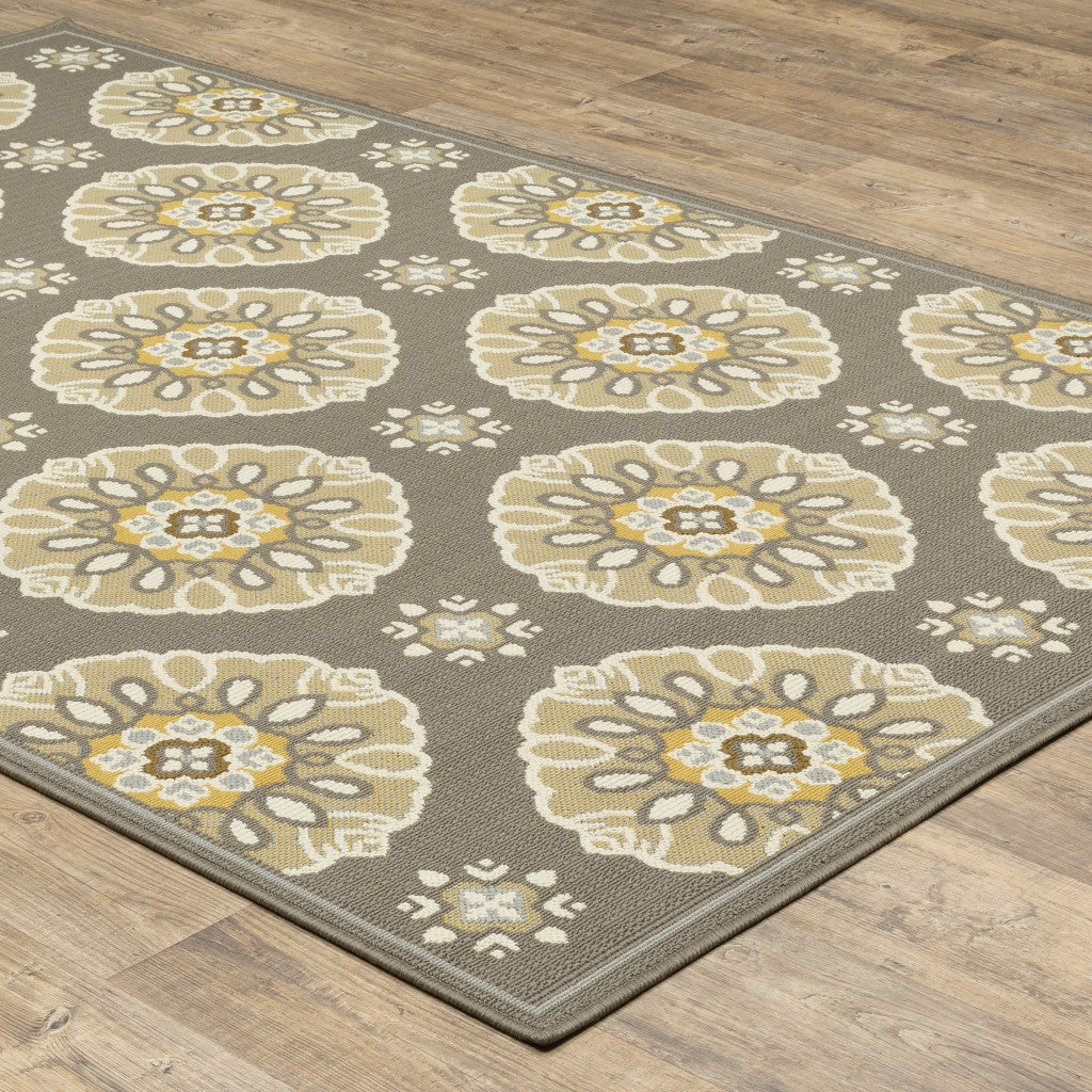 2' X 4' Gray Floral Stain Resistant Indoor Outdoor Area Rug