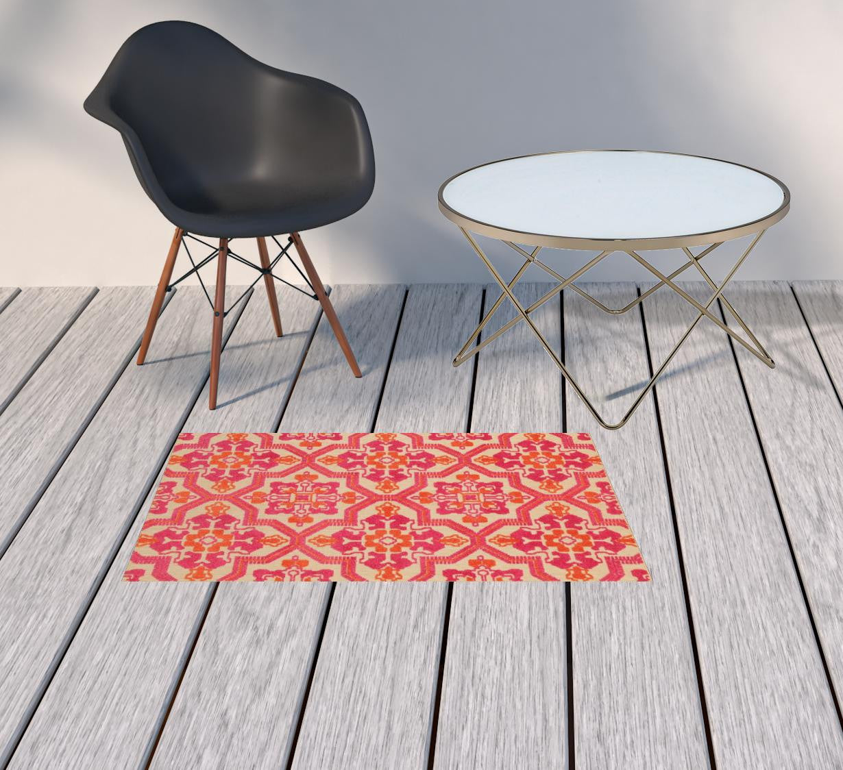 2' x 3' Beige and Black Geometric Stain Resistant Indoor Outdoor Area Rug