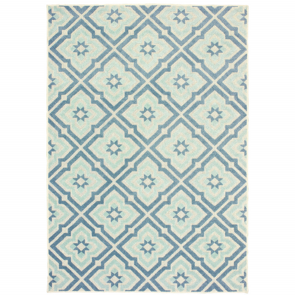 7' x 10' Blue and Ivory Geometric Stain Resistant Indoor Outdoor Area Rug