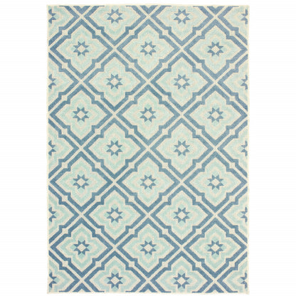 7' x 10' Blue and Ivory Geometric Stain Resistant Indoor Outdoor Area Rug