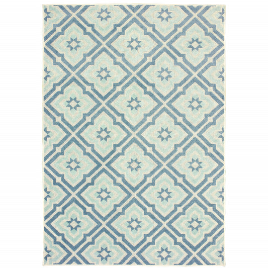 7' x 10' Blue and Ivory Geometric Stain Resistant Indoor Outdoor Area Rug