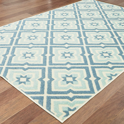 10' x 13' Blue and Ivory Geometric Stain Resistant Indoor Outdoor Area Rug