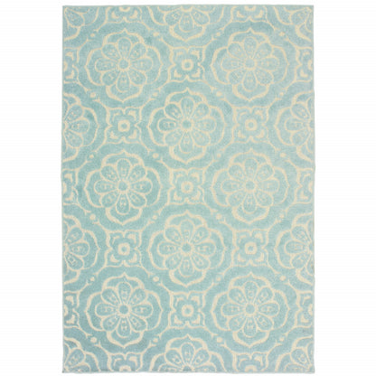 10' x 13' Blue and Ivory Floral Stain Resistant Indoor Outdoor Area Rug