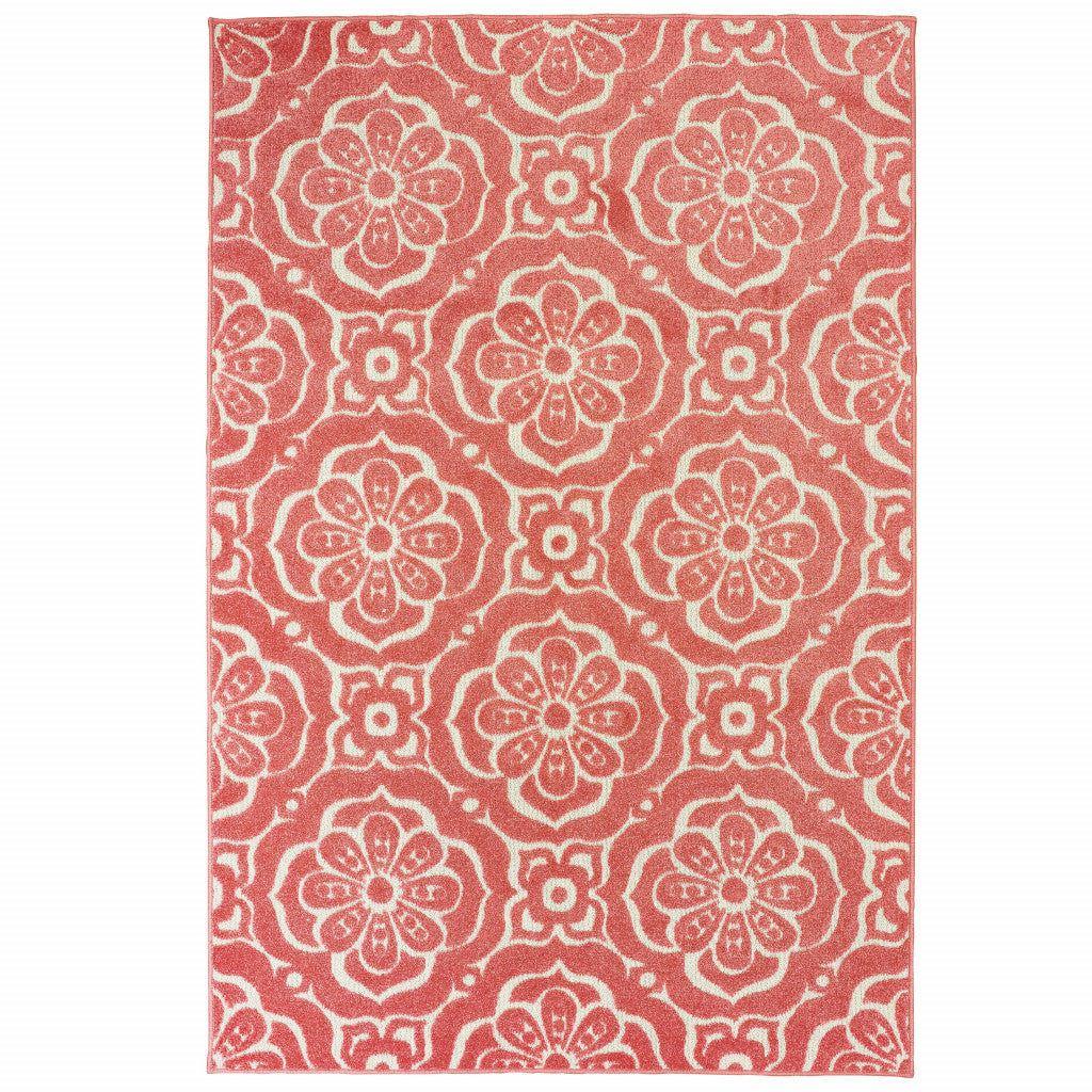 7' x 10' Pink Floral Stain Resistant Indoor Outdoor Area Rug