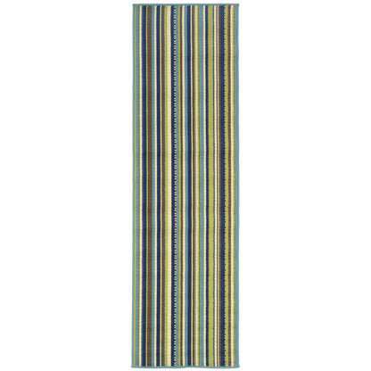 2' X 8' Blue and Green Striped Stain Resistant Indoor Outdoor Area Rug