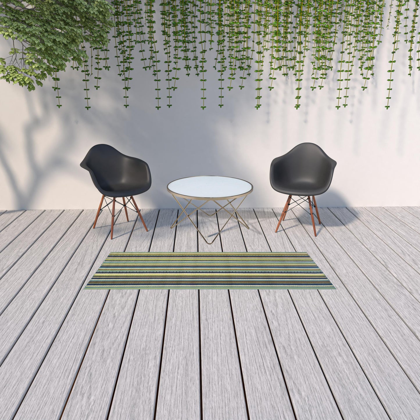 2' X 8' Blue and Green Striped Stain Resistant Indoor Outdoor Area Rug