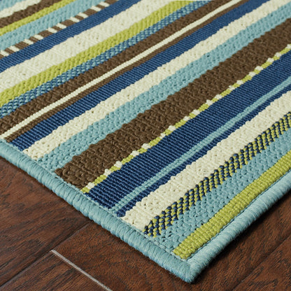 2' X 8' Blue and Green Striped Stain Resistant Indoor Outdoor Area Rug