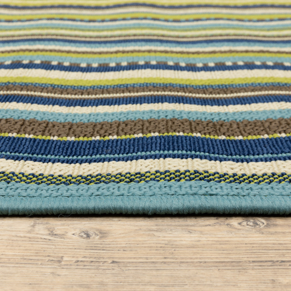 2' X 8' Blue and Green Striped Stain Resistant Indoor Outdoor Area Rug