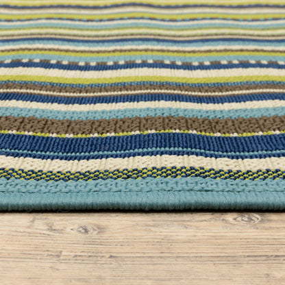 2' X 8' Blue and Green Striped Stain Resistant Indoor Outdoor Area Rug